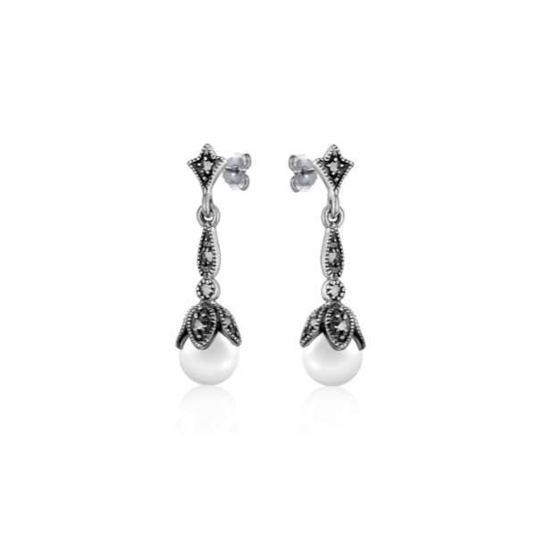 Marcasite Petal &amp; Pearl Drop Studs - Magpie Jewellery
