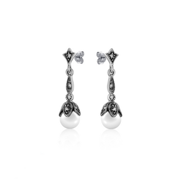 Marcasite Petal & Pearl Drop Studs - Magpie Jewellery