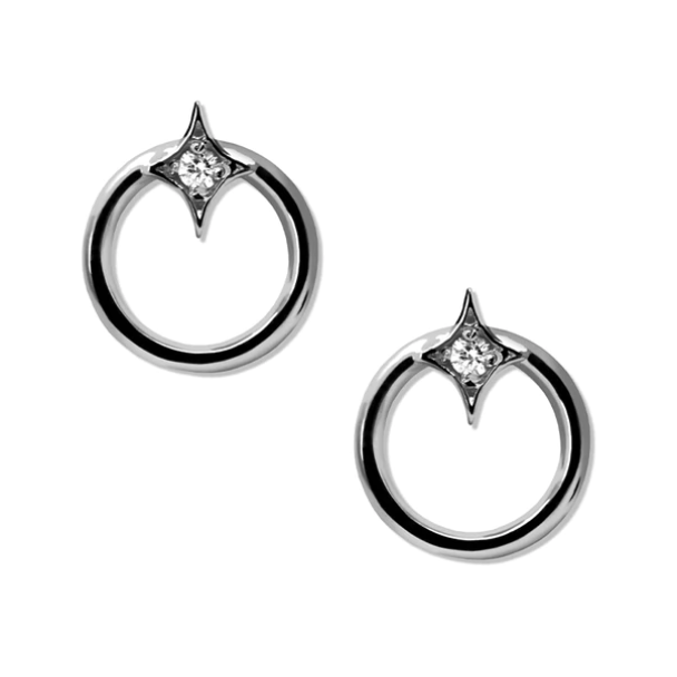 Gothic Diamond Open Circle Studs - Silver &amp; White Sapphire - Magpie Jewellery