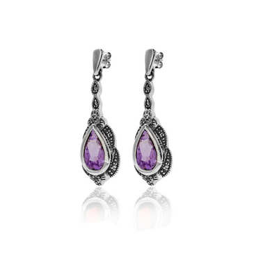 Amethyst Drop Marcasite Earrings - Magpie Jewellery