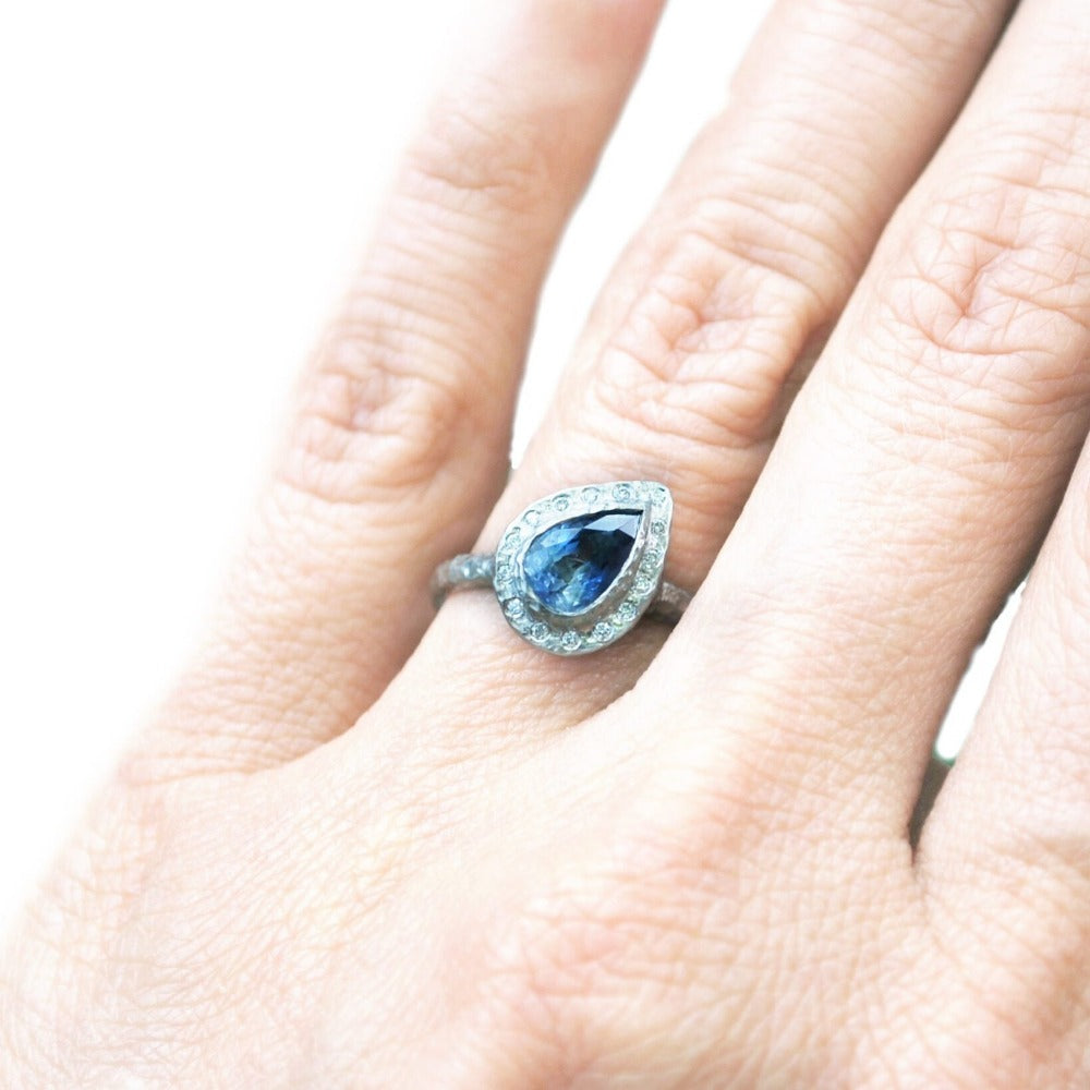 Pear-Shaped Blue Sapphire Halo Ring - Magpie Jewellery