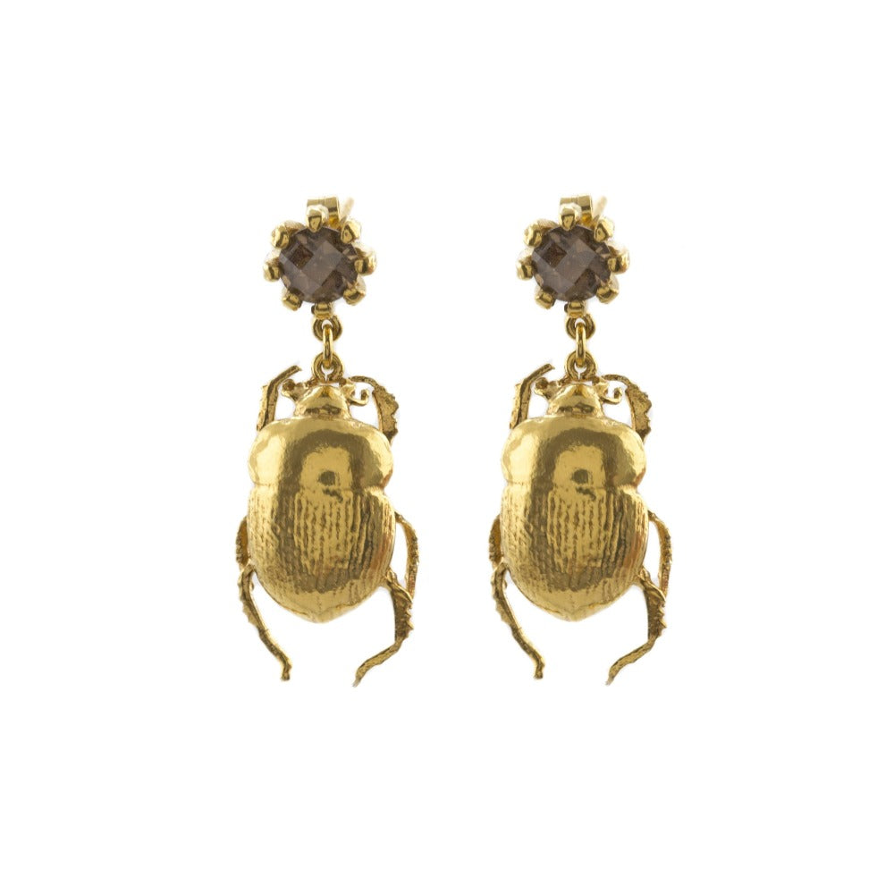 Dor Beetle &amp; Smoky Quartz Drop Earrings - Magpie Jewellery