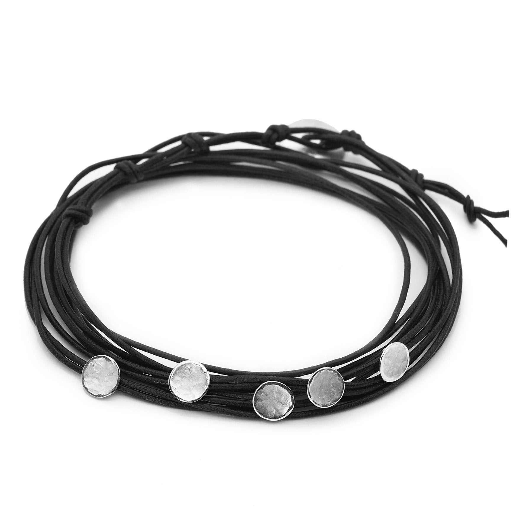 Black Linen Cord Five Hammered Disc Bracelet - Magpie Jewellery