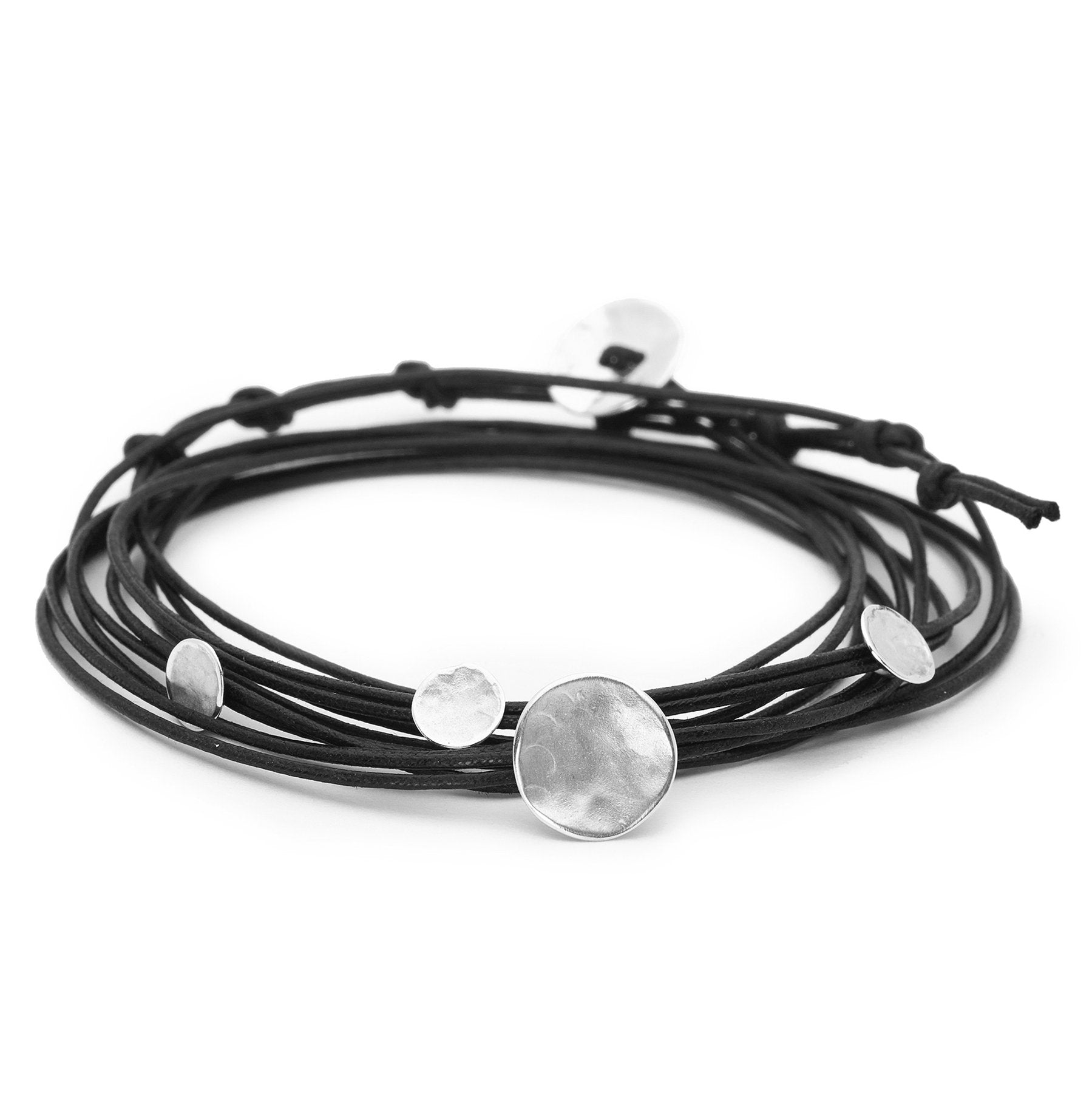Black Linen Cord Four Hammered Disc Bracelet - Magpie Jewellery