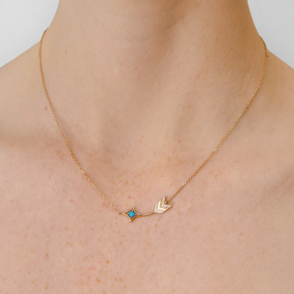 Arrow Bar Necklace - Gold, Turquoise &amp; White Sapphire - Magpie Jewellery