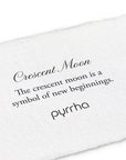 Crescent Moon Charm Pendant | Magpie Jewellery | Image of Card. Cursive text reads "Crescent Moon". Serif text below reads "The crescent moon is a symbol of new beginnings."
