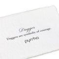 14ky Dagger Charm | Magpie Jewellery | Cursive text reading "Dagger" over serif font reading "Daggers are symbolic of courage."