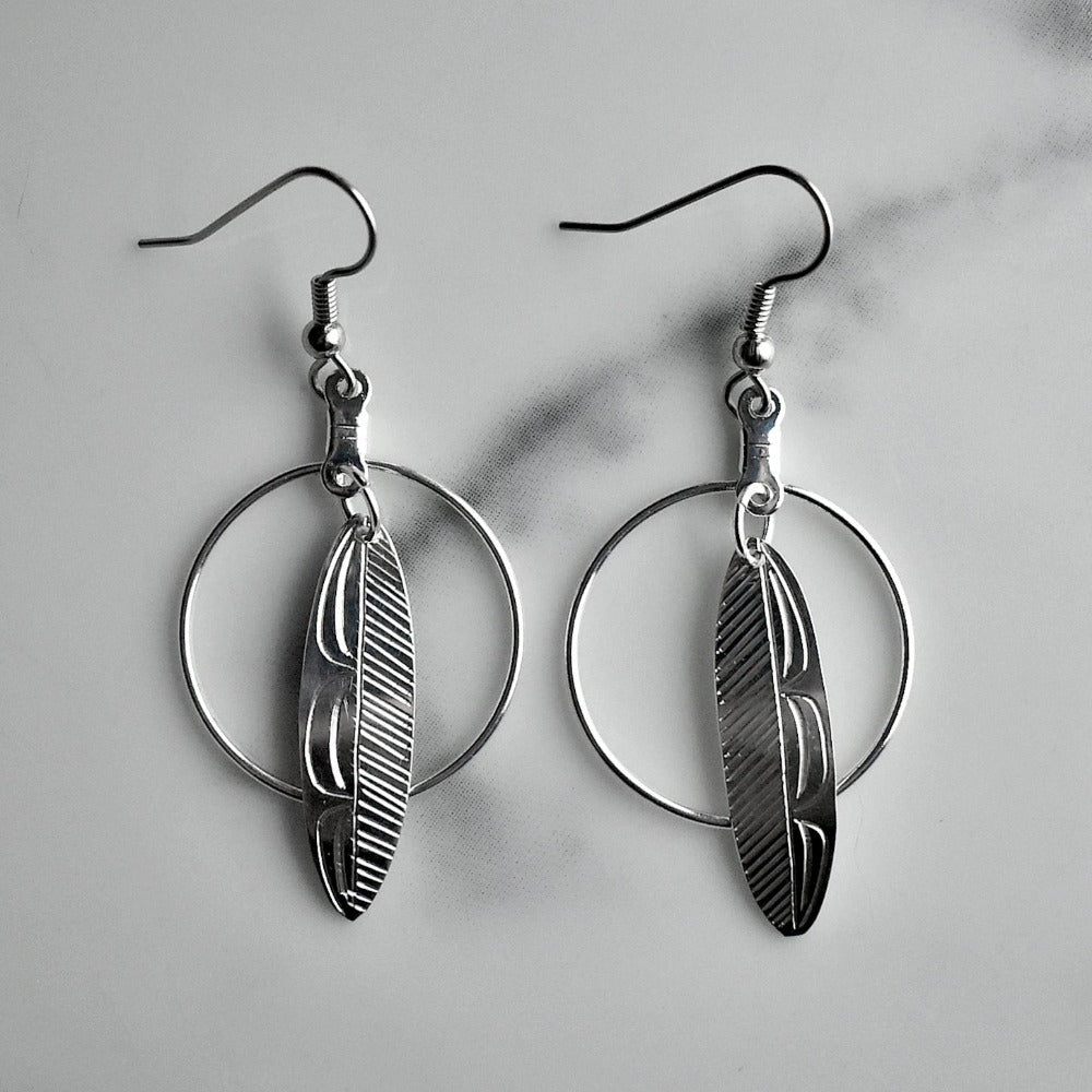 Feather in Circle Drop Earrings - Magpie Jewellery