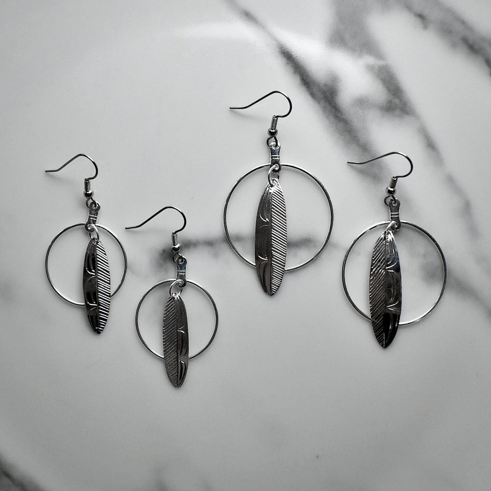 Feather in Circle Drop Earrings - Magpie Jewellery