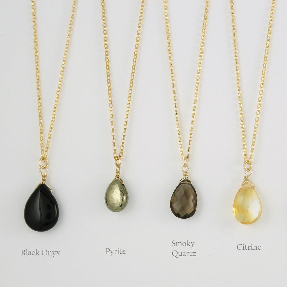 Gold Fill Gemstone Solo Necklace | Magpie Jewellery | Yellow Gold | Black Onyx | Pyrite | Smoky Quartz, Faceted | Citrine, Faceted | Stones Listed Left-to-Right | Labelled