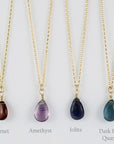 Gold Fill Gemstone Solo Necklace | Magpie Jewellery | Yellow Gold | Garnet | Amethyst, Faceted | Iolite, Faceted | Dark Blue Quartz | Stones Listed Left-to-Right | Labelled