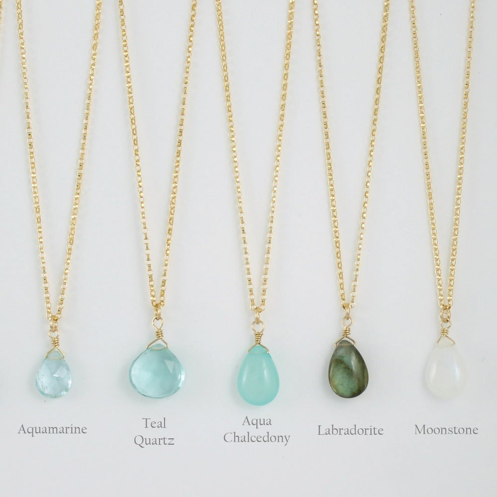 Gold Fill Gemstone Solo Necklace | Magpie Jewellery | Yellow Gold | Aquamarine, Faceted | Teal Quartz, Faceted | Aqua Chalcedony | Labradorite | Moonstone | Stones Listed Left-to-Right | Labelled