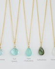 Gold Fill Gemstone Solo Necklace | Magpie Jewellery | Yellow Gold | Aquamarine, Faceted | Teal Quartz, Faceted | Aqua Chalcedony | Labradorite | Moonstone | Stones Listed Left-to-Right | Labelled