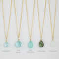 Gold Fill Gemstone Solo Necklace | Magpie Jewellery | Yellow Gold | Aquamarine, Faceted | Teal Quartz, Faceted | Aqua Chalcedony | Labradorite | Moonstone | Stones Listed Left-to-Right | Labelled