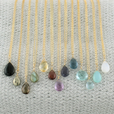 Gold Fill Gemstone Solo Necklace | Magpie Jewellery | Yellow Gold | Black Onyx | Pyrite | Smoky Quartz, Faceted | Labradorite | Citrine, Faceted | Garnet | Amethyst, Faceted | Iolite, Faceted | Dark Blue Quartz | Teal Quartz, Faceted | Aquamarine, Faceted | Aqua Chalcedony | Moonstone | Stones Listed Left-to-Right