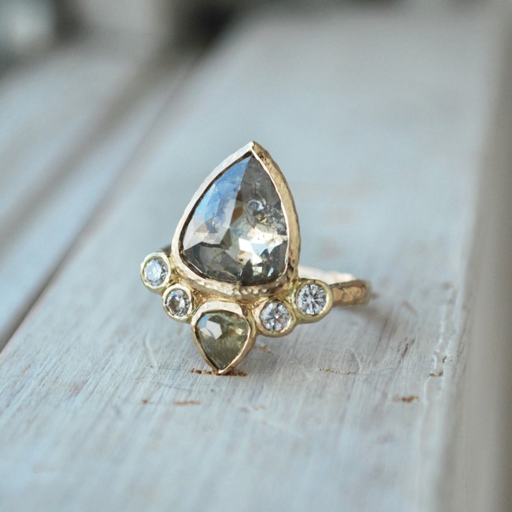 OOAK Green Pear Diamond Goddess Ring - Magpie Jewellery