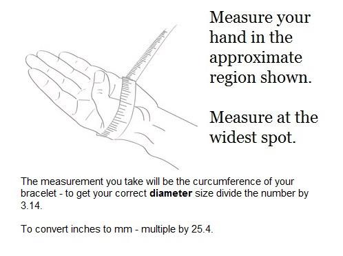 Bangle Measurement Guide | Text: &quot;Measure your hand in the approximate region shown. Measure at the widest spot.&quot; [Pictured: a hand with palm upwards, thumb folded towards palm. A cloth measuring tape is wrapped around the hand and lower region of the thumb at the widest point] | Smaller Text: &quot;The measurement you take will be the circumference of your bracelet - to get your correct diameter (note: diameter is bolded) size divide the number by 3.14. To convert inches to millimetres - multiply by 25.4.&quot;