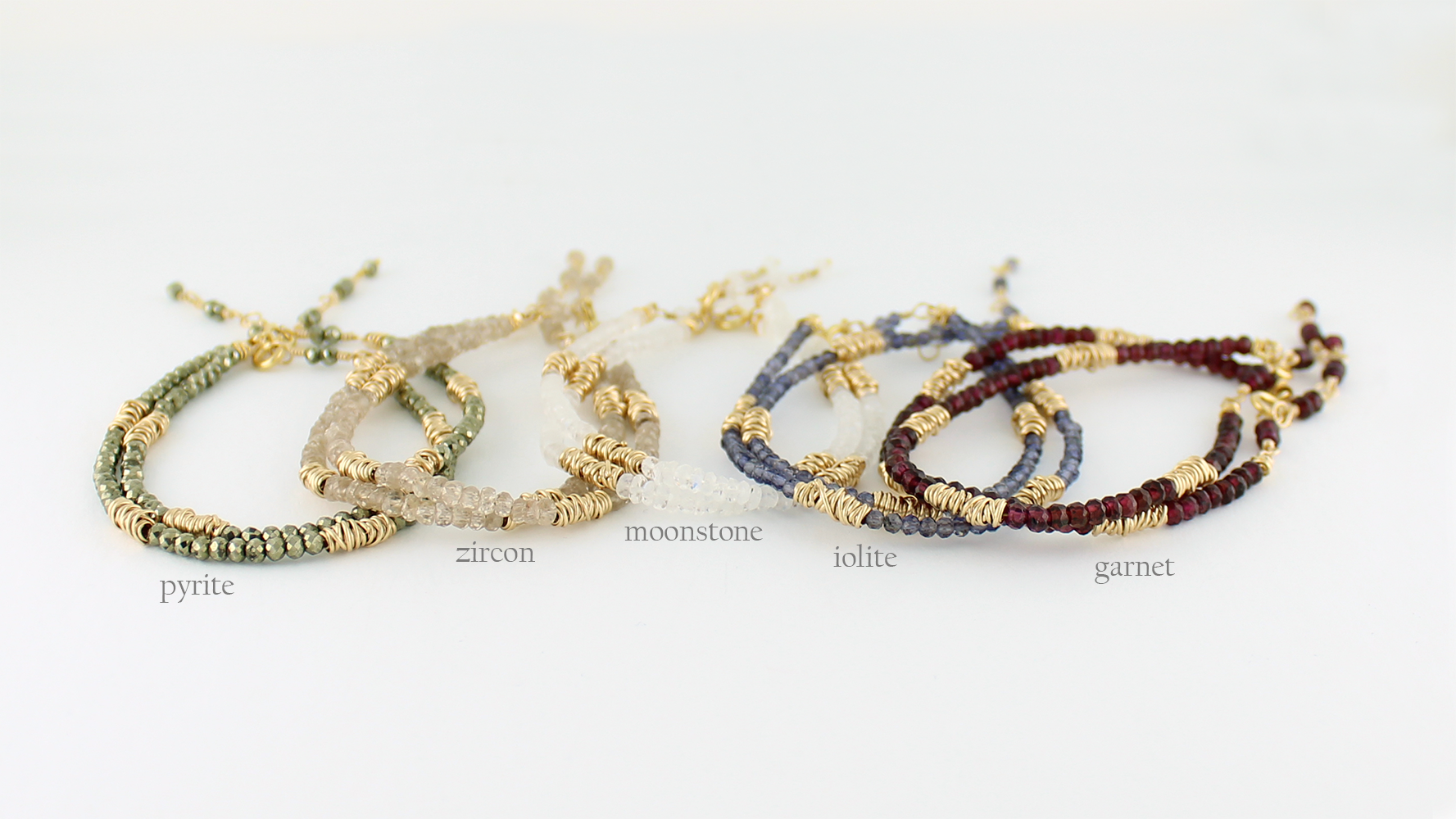 Gold Twist Stacking Bracelet | Magpie Jewellery | Yellow Gold | Pyrite | Zircon | Moonstone | Iolite | Garnet | Listed Left-to-Right | Labelled