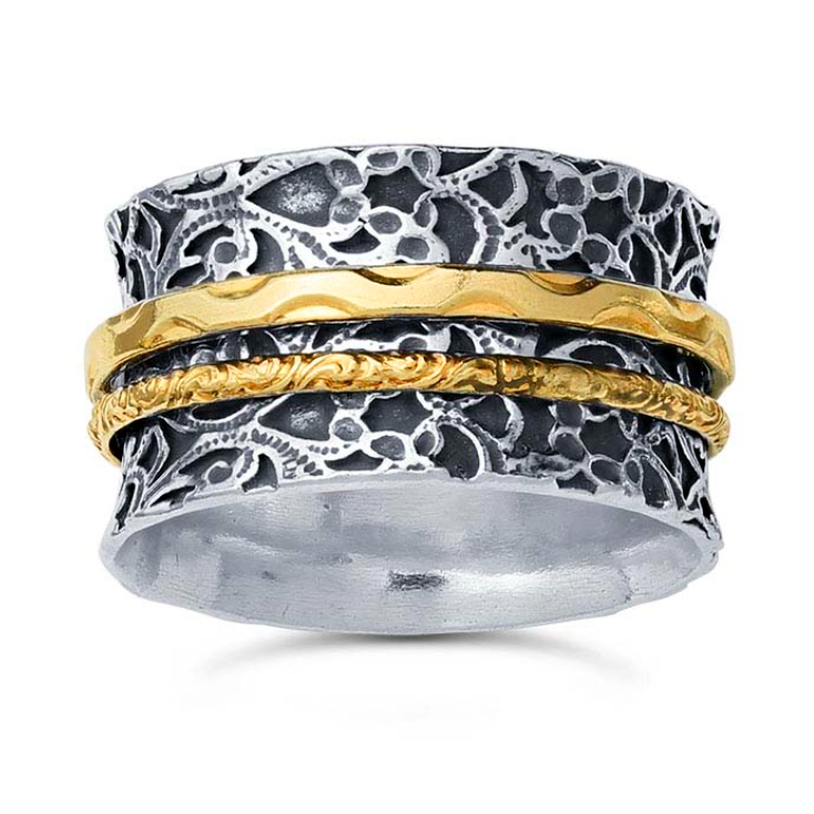 Silver &amp; Gold-Filled Patterned Wide Spinner Band - Magpie Jewellery