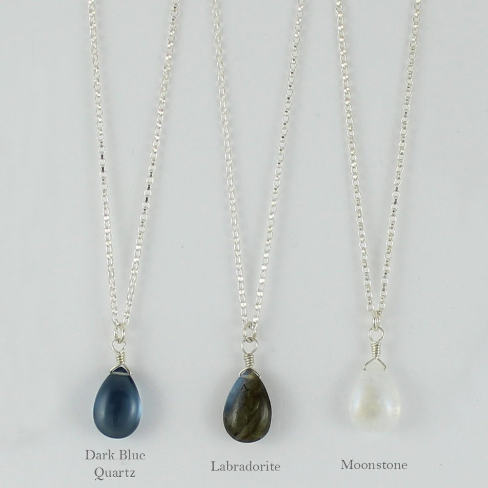 Silver Gemstone Solo Necklace | Magpie Jewellery | Dark Blue Quartz | Labradorite | Moonstone | Listed Left-to-Right | Labelled