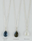 Silver Gemstone Solo Necklace | Magpie Jewellery | Dark Blue Quartz | Labradorite | Moonstone | Listed Left-to-Right | Labelled