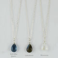 Silver Gemstone Solo Necklace | Magpie Jewellery | Dark Blue Quartz | Labradorite | Moonstone | Listed Left-to-Right | Labelled