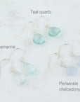 Gemstone Solo Earring | Magpie Jewellery | Silver | Teal Quartz | Perwinkle Chalcedony | Aquamarine | Stones Listed Clockwise | Labelled