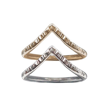 Finely textured gold-filled and silver rings with pointed chevrons.   | Magpie Jewellery