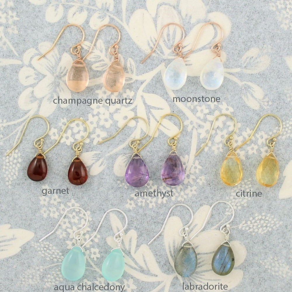 Gemstone Solo Earring | Magpie Jewellery | Rose Gold | Yellow Gold | Silver | Champagne Quartz | Moonstone | Garnet | Amethyst | Citrine | Aqua Chalcedony | Labradorite | Stones Listed Left-to-Right Beginning With Top Row | Labelled